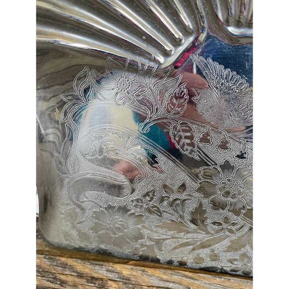 Antique Crumb Pan Tray Clam Shells Etched Bluebird flowers - Picture 5 of 16